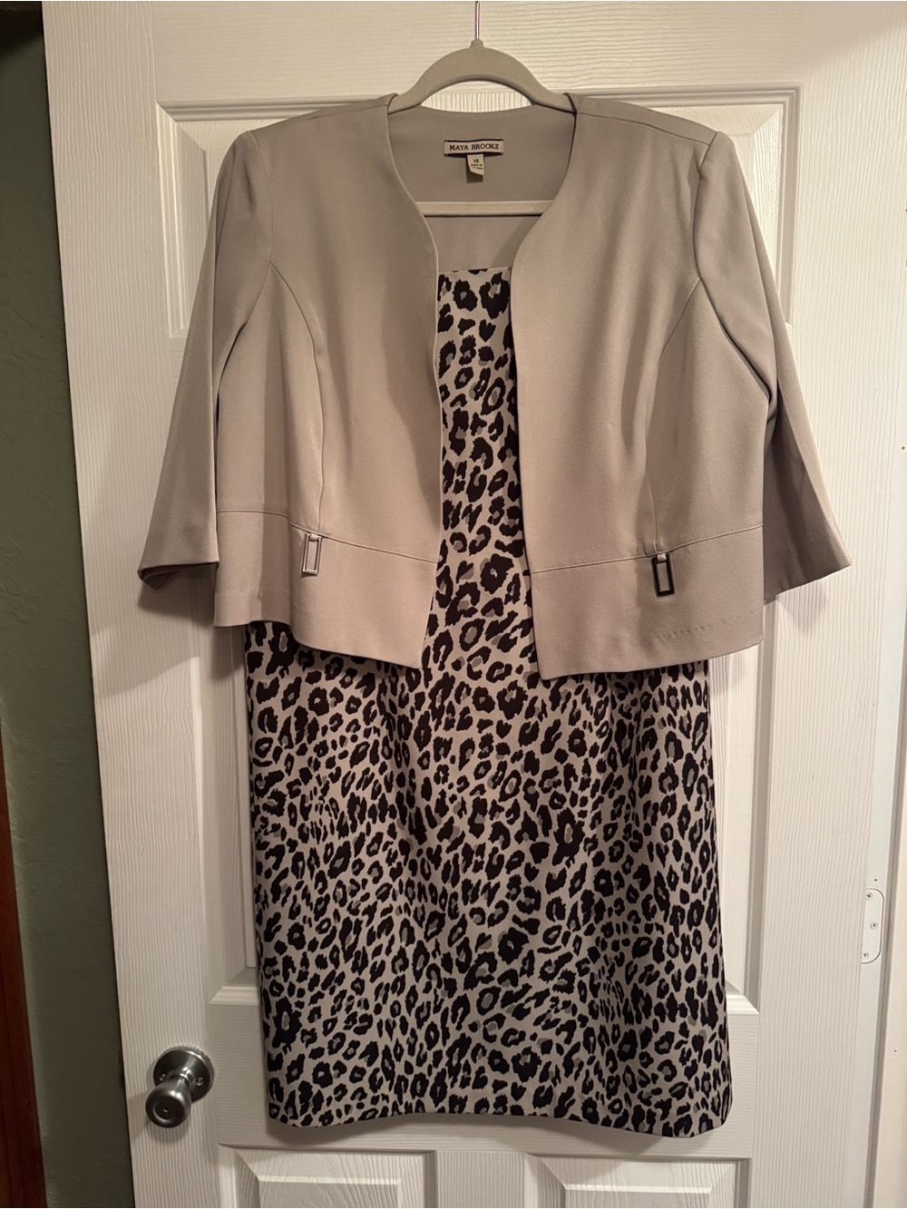 Maya Brooke Sz 14 Taupe Jacket with Leopard Print Sleeveless Sheath Dress